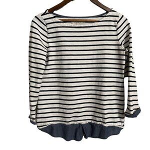 LOFT Women's White Blue Striped Faux Layered Slub Cotton 3/4 Blouse Small Petite